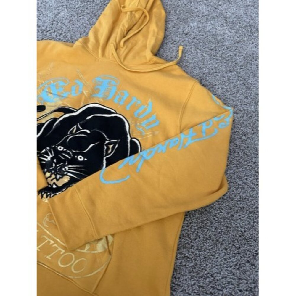Ed Hardy Mens Yellow Black Panthers Graphic Print Hoodie Size XL Pockets - Picture 3 of 15